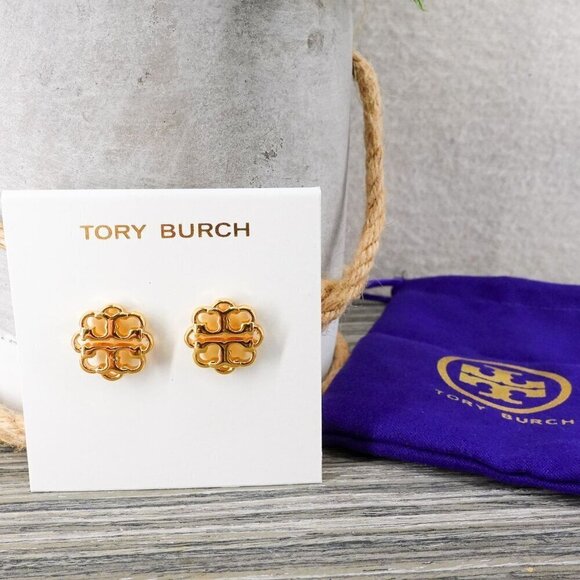 Tory Burch Gold Tone Stud Double T Logo Earrings Gold OS - Picture 4 of 12